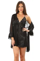 Dantelli Siyah Sheko Saten Gecelik Sabahlık Takımı NBB 3117 Siyah