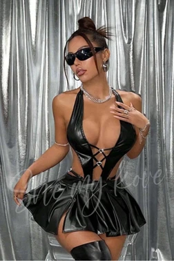 Deri Görünümlü Halka Detaylı Body ve Pilili Mini Etek Takım For Dreams 8650