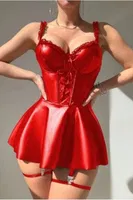 Deri Görünümlü Kırmızı Seksi Elbise Real Passione 21106 Kırmızı farklı açı
