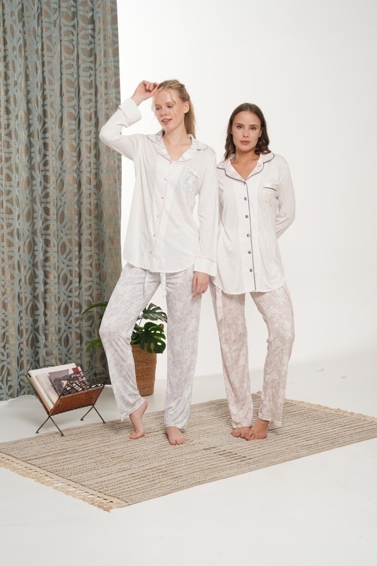 Desenli Uzun Kollu Klapalı Kadın Pijama Takımı Bone Club 6124