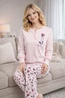 DoReMi Önden Düğmeli Çiçekli Bayan Pijama Takımı Pudra farklı açı