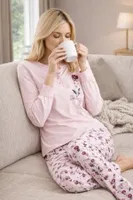 DoReMi Önden Düğmeli Çiçekli Bayan Pijama Takımı Pudra görsel 4