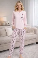 DoReMi Önden Düğmeli Çiçekli Bayan Pijama Takımı Pudra