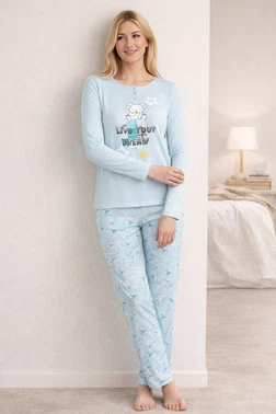 DOREMI Uzun Kollu Önden Düğmeli Bayan Pijama Takımı - Alternatif Görünüm