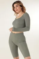 Uzun Kollu Kare Yaka Fitilli Crop DoReMi 002-000109 Haki görsel 5