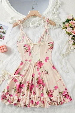 Ekru Çiçek Desenli Fırfır Detaylı Kurdeleli Gecelik Bella Notte 35775 - Alternatif Görünüm