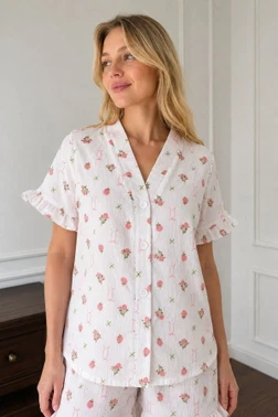 Ekru Gül Ve Fiyonk Desenli Kısa Kollu Şortlu Pijama Takımı Bella Notte 79173