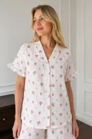 Ekru Gül Ve Fiyonk Desenli Kısa Kollu Şortlu Pijama Takımı Bella Notte 79173 Ekru