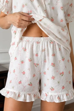 Ekru Gül Ve Fiyonk Desenli Kısa Kollu Şortlu Pijama Takımı Bella Notte 79173 - Alternatif Görünüm