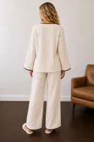 Ekru Kahve Biyeli Müslin Bağlama Detaylı Uzun Kollu Pijama Takımı Bella Notte 61131 Bej görsel 5