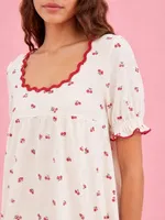 Ekru Kiraz Desenli Kare Yaka Şortlu Pijama Takımı Bella Notte 7911 Ekru