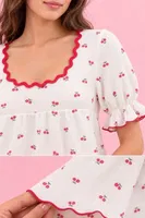 Ekru Kiraz Desenli Kare Yaka Şortlu Pijama Takımı Bella Notte 7911 Ekru farklı açı