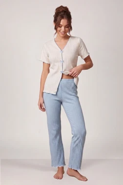 Ekru Kısa Kollu V Yaka Fiyonk Süslemeli Kadın Pijama Takımı Bella Notte 77911 - Alternatif Görünüm