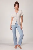 Ekru Kısa Kollu V Yaka Fiyonk Süslemeli Kadın Pijama Takımı Bella Notte 77911 Ekru görsel 5