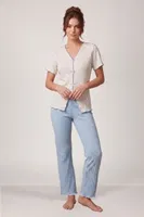 Ekru Kısa Kollu V Yaka Fiyonk Süslemeli Kadın Pijama Takımı Bella Notte 77911 Ekru görsel 4