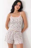 Ekru Minimal Çiçek Desenli Askılı Şortlu Pijama Takımı Bella Notte 7749 Ekru