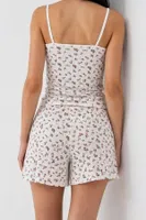 Ekru Minimal Çiçek Desenli Askılı Şortlu Pijama Takımı Bella Notte 7749 Ekru detay görünüm