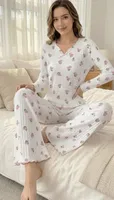 Ekru Minimal Lale Desenli Fiyonk Detaylı V Yaka Pijama Takımı Bella Notte 77359 Ekru görsel 4