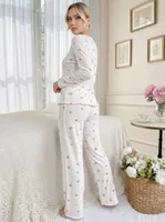 Ekru Pastel Rose Masalı Uzun Kollu Pijama Takım Bella Notte 77365 Ekru görsel 4