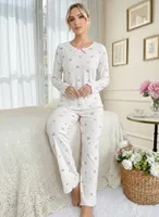 Ekru Pastel Rose Masalı Uzun Kollu Pijama Takım Bella Notte 77365 Ekru detay görünüm