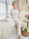Ekru Pastel Rose Masalı Uzun Kollu Pijama Takım Bella Notte 77365
