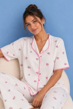 Ekru Pembe Çiçek Desenli Biyeli Pijama Takımı Bella Notte 61043