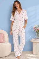 Ekru Pembe Çiçek Desenli Biyeli Pijama Takımı Bella Notte 61043 Ekru detay görünüm