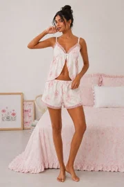 Ekru Pembe Çiçek Desenli Dantel Detaylı Bağlamalı Şortlu Pijama Takımı Bella Notte 79339