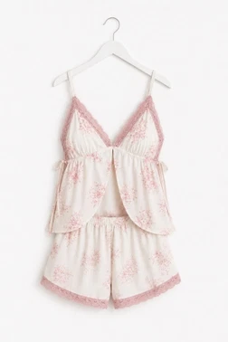 Ekru Pembe Çiçek Desenli Dantel Detaylı Bağlamalı Şortlu Pijama Takımı Bella Notte 79339 - Alternatif Görünüm