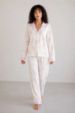 Ekru Viskon Dokuma Pembe Çiçek Desenli Düğmeli Uzun Kollu Pijama Takımı Bella Notte 61351 - Alternatif Görünüm