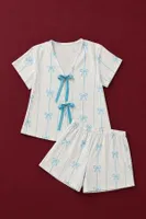 Ekru Zeminli Mavi Fiyonk Desenli Önden Bağlamalı Şortlu Pijama Takımı Bella Notte 79241 Ekru farklı açı