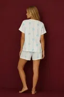 Ekru Zeminli Mavi Fiyonk Desenli Önden Bağlamalı Şortlu Pijama Takımı Bella Notte 79241 Ekru detay görünüm