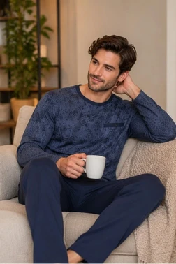 Erkek Batik Desen Sıfır Yaka Lacivert Pijama Takımı Çift Kaplan 8202 - Alternatif Görünüm