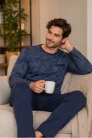Erkek Batik Desen Sıfır Yaka Lacivert Pijama Takımı Çift Kaplan 8202 Lacivert detay görünüm