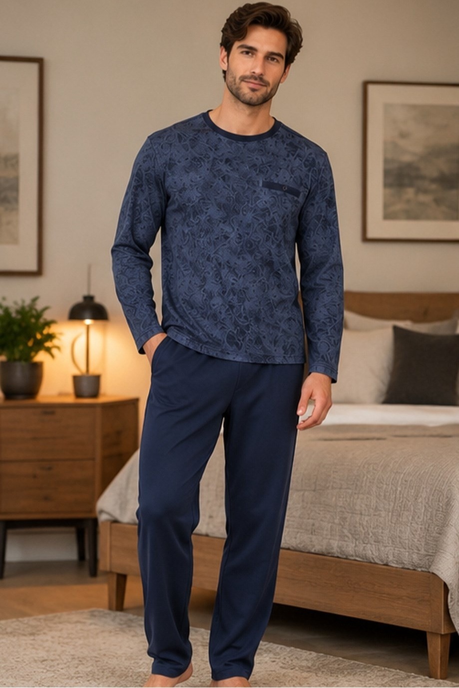 Erkek Batik Desen Sıfır Yaka Lacivert Pijama Takımı Çift Kaplan 8202