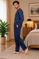 Erkek Batik Desen Sıfır Yaka Lacivert Pijama Takımı Çift Kaplan 8202 Lacivert farklı açı