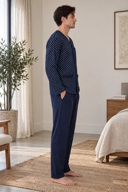 Erkek Bölme Desen Önden Düğmeli Lacivert Pijama Takımı Çift Kaplan 8205 - Alternatif Görünüm