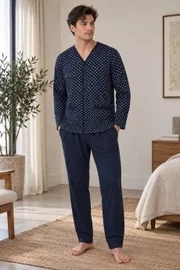 Erkek Bölme Desen Önden Düğmeli Lacivert Pijama Takımı Çift Kaplan 8205