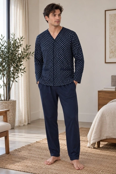 Erkek Bölme Desen Önden Düğmeli Lacivert Pijama Takımı Çift Kaplan 8205