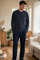 Erkek Bölme Desenli Patlı Lacivert Pijama Takımı Çift Kaplan 8203 Lacivert