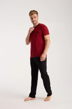 Erkek Bordo Düğmeli Yaka Kısa Kollu Pijama Takımı Akbeniz 6877