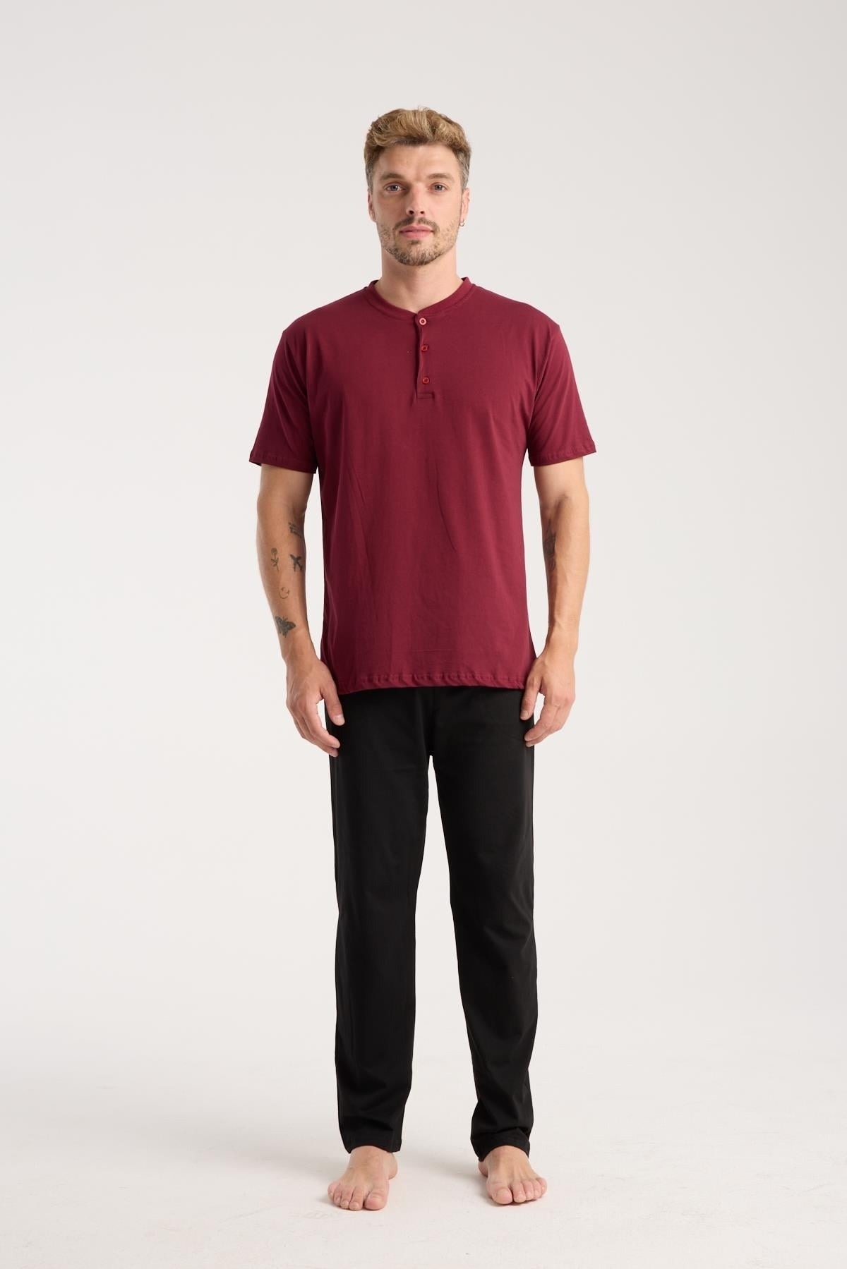 Erkek Bordo Düğmeli Yaka Kısa Kollu Pijama Takımı Akbeniz 6878