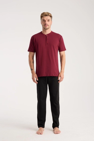 Erkek Bordo Düğmeli Yaka Kısa Kollu Pijama Takımı Akbeniz 6878