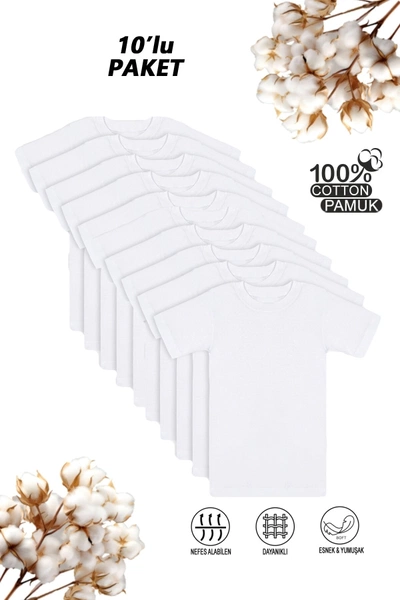 Erkek Çocuk %100 Pamuklu Ribana Fanila 10'lu Paket Yarım Kol Kapalı Yaka T-shirt Özkan 0706-P010