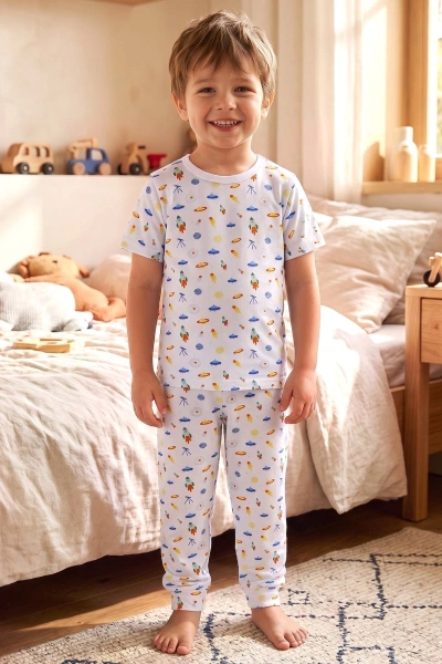 Erkek Çocuk Pamuklu Pijama Takımı Kısa Kol Uzun Alt Desenli Premium Ev Stili Öts 374005