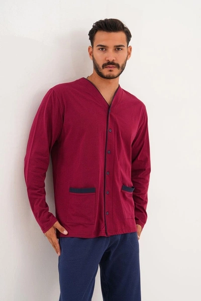 Erkek Düz Önden Düğmeli Lacivert Pijama Takımı Çift Kaplan 8002