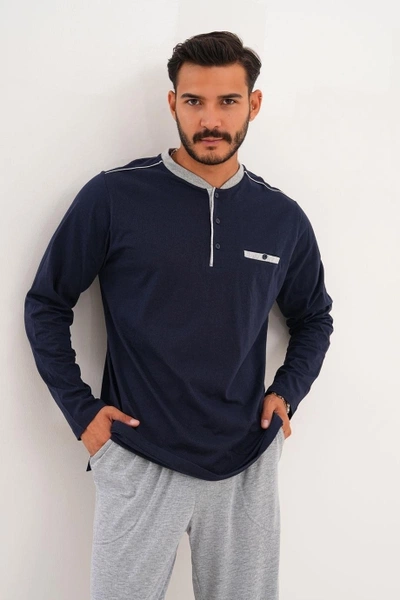 Erkek Düz Patlı Lacivert Pijama Takımı Çift Kaplan 8000