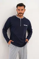 Erkek Düz Patlı Lacivert Pijama Takımı Çift Kaplan 8000