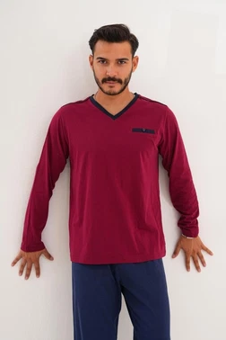 Erkek Düz V Yaka Lacivert Pijama Takımı Çift Kaplan 8001 - Alternatif Görünüm