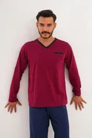 Erkek Düz V Yaka Lacivert Pijama Takımı Çift Kaplan 8001 detay görünüm